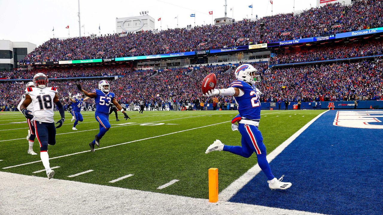 08 January, 2023 Orchard Park, NY - January 8: Buffalo Bills RB Nyheim Hines celebrates as he takes the opening kick-off back for a touchdown. The Bills beat the New England Patriots, 35-23. (Photo by Barry Chin/The Boston Globe via Getty Images)