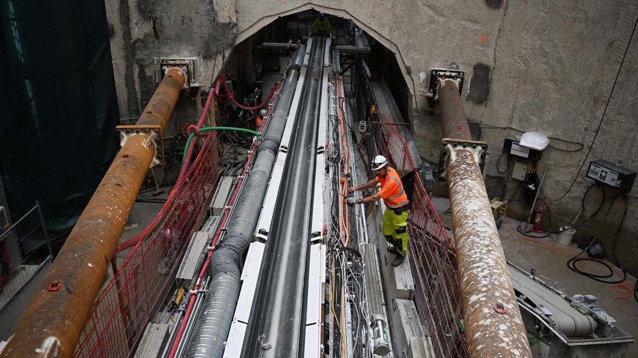 Workers with a tunnel boring machine at the Seine-Valenton wastewater treatment plant.