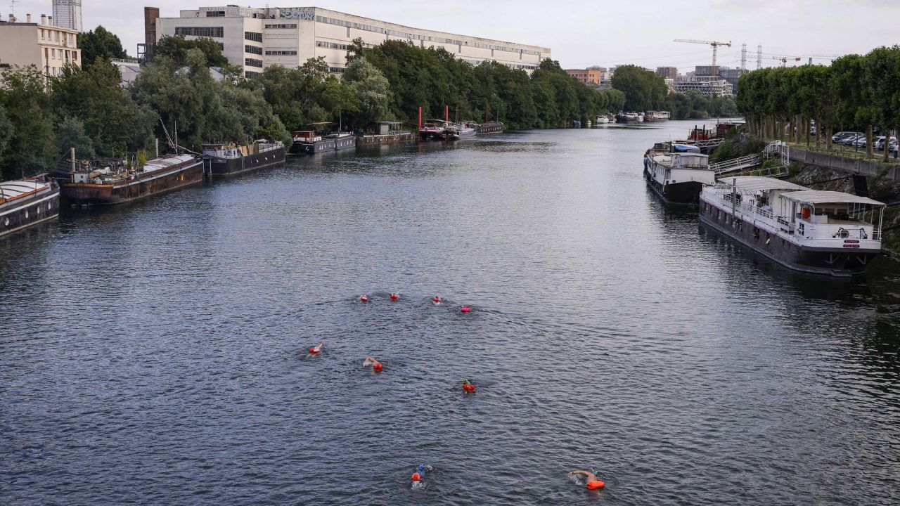 A group of swimmers in the Seine on July 2.