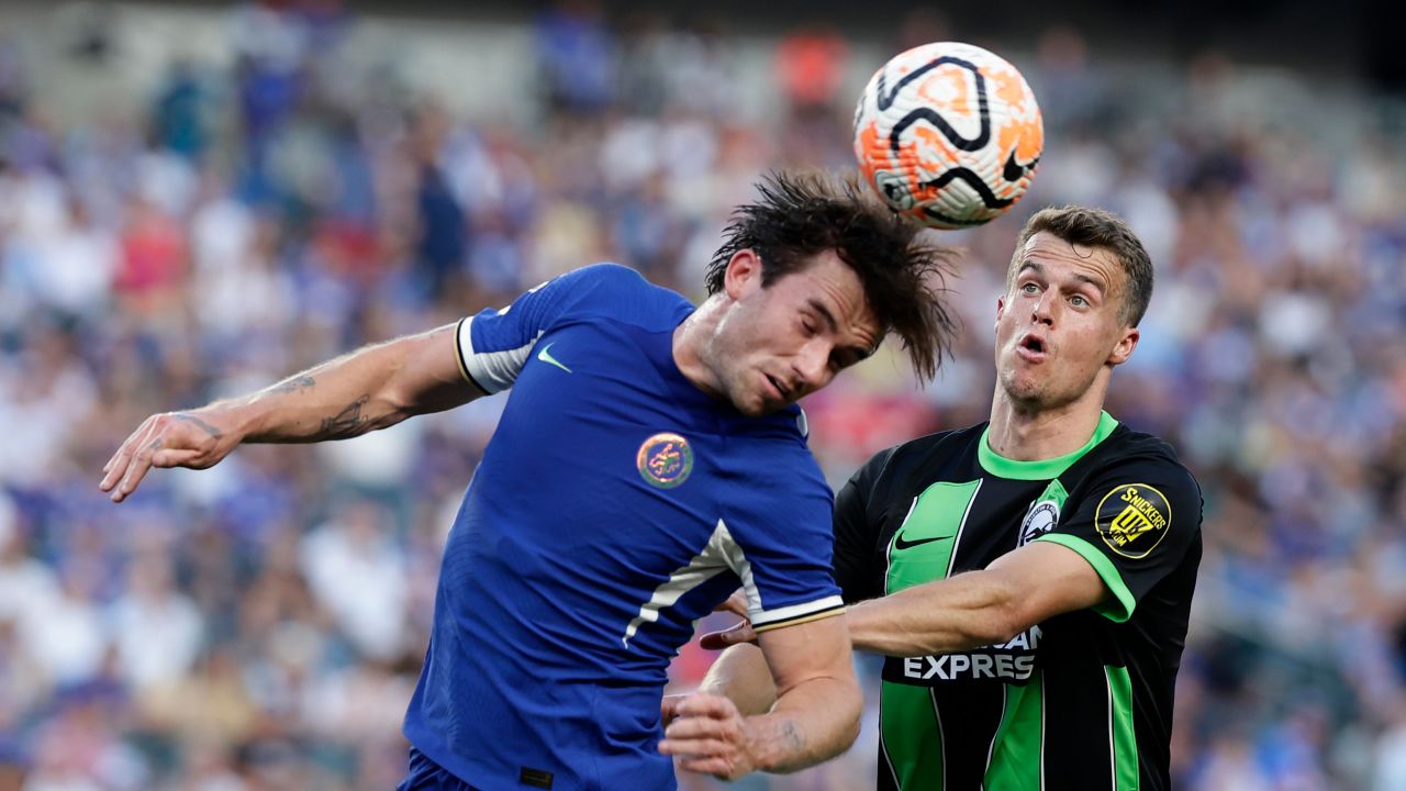 PHILADELPHIA, PENNSYLVANIA - JULY 22: Ben Chilwell #21 of Chelsea heads the ball while defended by Solly March #7 of Brighton & Hove Albion during the second half of the pre season friendly match at Lincoln Financial Field on July 22, 2023 in Philadelphia, Pennsylvania. (Photo by Adam Hunger/Getty Images)