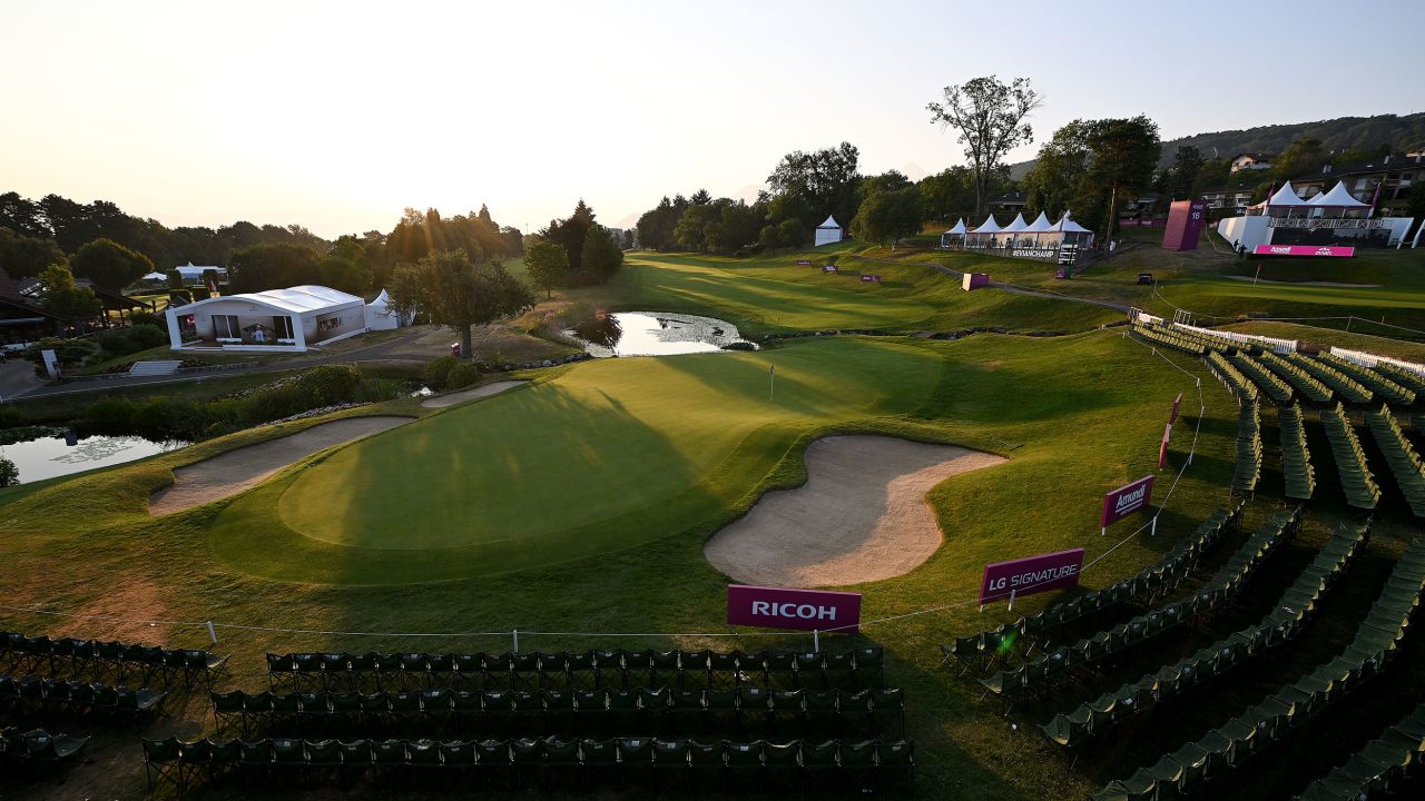 EVIAN-LES-BAINS, FRANCE - JULY 24: 
General view of the 18th green during day four of The Amundi Evian Championship at Evian Resort Golf Club on July 24, 2022 in Evian-les-Bains, France. (Photo by Stuart Franklin/Getty Images)