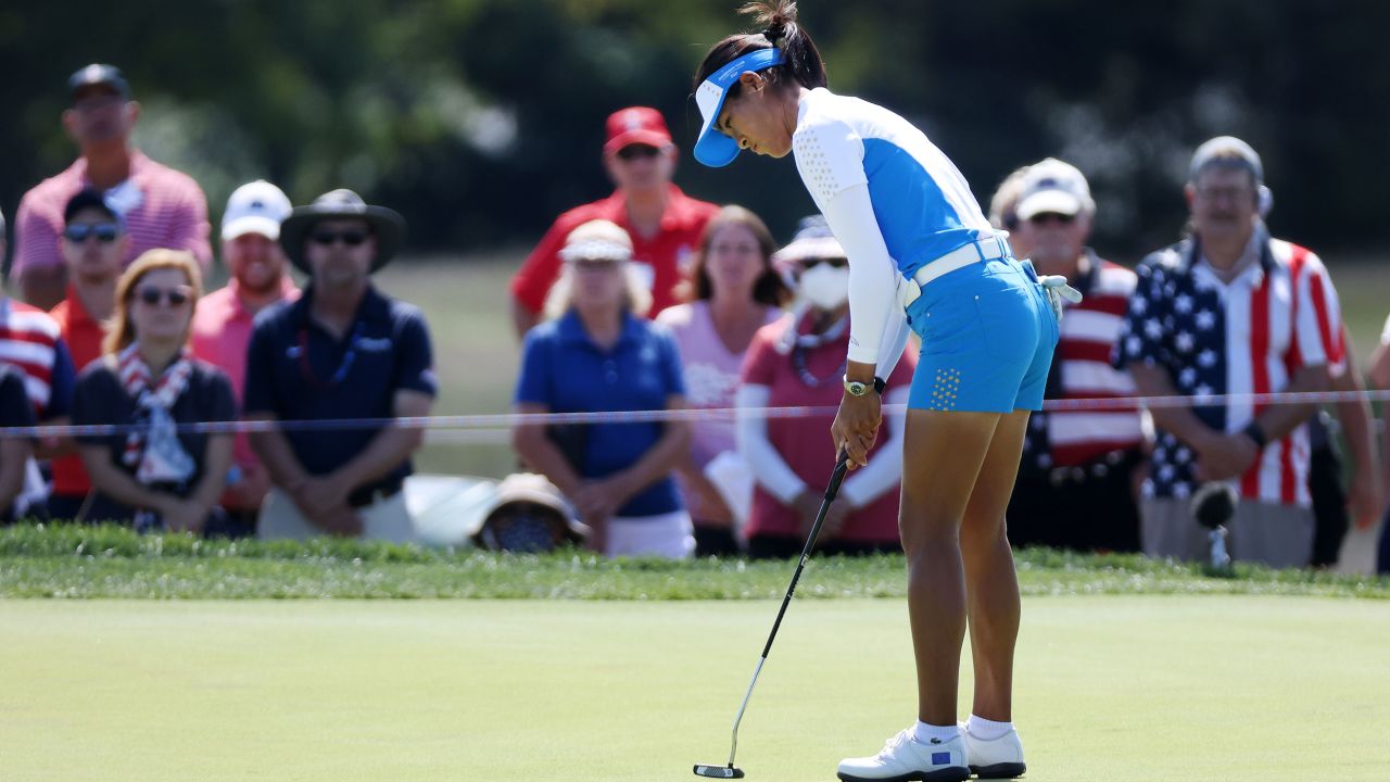 TOLEDO, OHIO - SEPTEMBER 06: Celine Boutier of Team Europe putts on the second green during the Singles Match on day three of the Solheim Cup at the Inverness Club on September 06, 2021 in Toledo, Ohio. (Photo by Gregory Shamus/Getty Images)