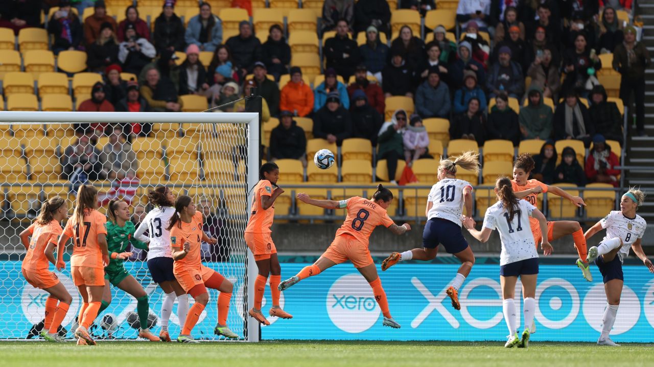 US captain Lindsey Horan scores the equalizer against the Netherlands at the 2023 FIFA Women's World Cup at Wellington Regional Stadium in New Zealand on July 27.