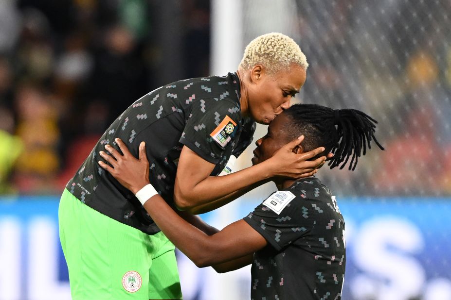 Onome Ebi, left, and Osinachi Ohale celebrate after <a href="https://www.cnn.com/2023/07/27/football/nigeria-australia-womens-world-cup-spt-intl/index.html" target="_blank">Nigeria defeated Australia 3-2</a> on Thursday, July 27. The stunning result means Nigeria has a one-point lead going into its final group game against already eliminated Ireland, while co-host Australia faces a must-win match against Canada.