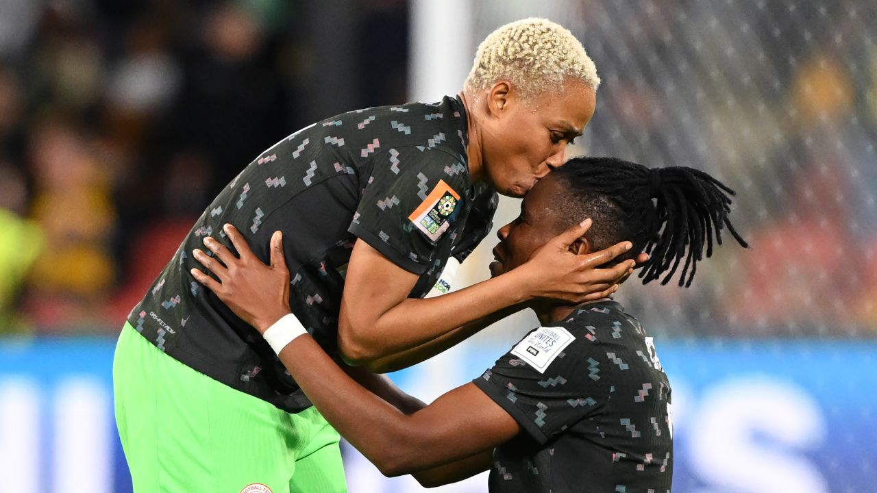 BRISBANE, AUSTRALIA - JULY 27: Osinachi Ohale and Onome Ebi of Nigeria celebrate the team's 3-1 victory in the FIFA Women's World Cup Australia & New Zealand 2023 Group B match between Australia and Nigeria at Brisbane Stadium on July 27, 2023 in Brisbane, Australia. (Photo by Bradley Kanaris/Getty Images)