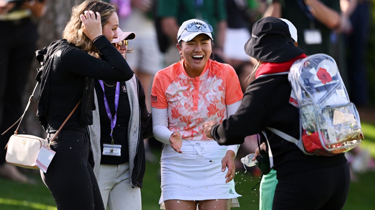 AUGUSTA, GEORGIA - APRIL 01:  Rose Zhang of the United States celebrates on the 10th green, the second playoff hole, after defeating Jenny Bae of the United States to win during the final round of the Augusta National Women's Amateur at Augusta National Golf Club on April 01, 2023 in Augusta, Georgia. (Photo by Ross Kinnaird/Getty Images)