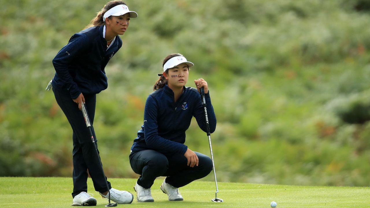 AUCHTERARDER, SCOTLAND - SEPTEMBER 10: Zoe Campos and Rose Zhang of Team USA look on on the 4th green during the PING Junior Solheim Cupduring practice day 2 for The Solheim Cup at Gleneagles on September 10, 2019 in Auchterarder, Scotland. (Photo by Andrew Redington/WME IMG/WME IMG via Getty Images)