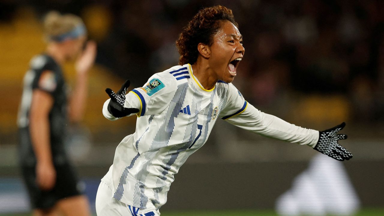 Soccer Football - FIFA Women's World Cup Australia and New Zealand 2023 - Group A - New Zealand v Philippines - Wellington Regional Stadium, Wellington, New Zealand - July 25, 2023
Philippines' Sarina Bolden celebrates scoring their first goal REUTERS/Amanda Perobelli     TPX IMAGES OF THE DAY