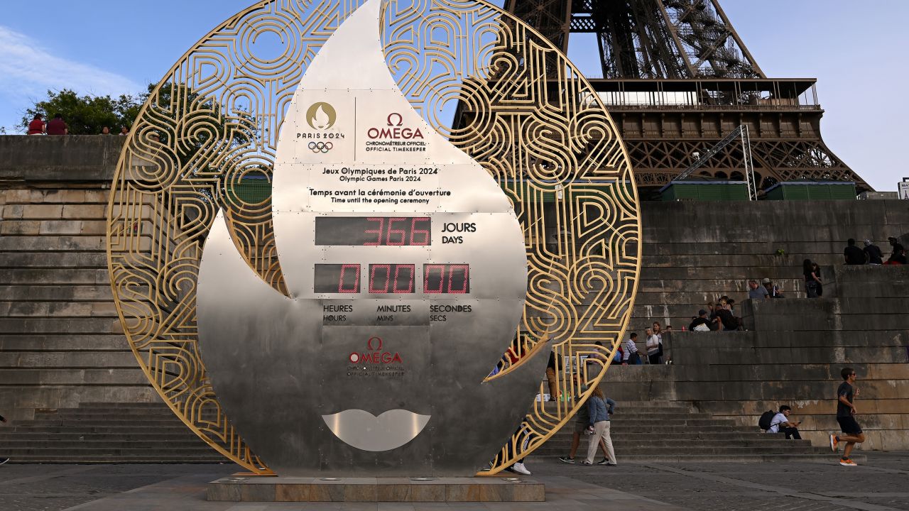 The official Olympic countdown clock is located beside the River Seine in Paris.