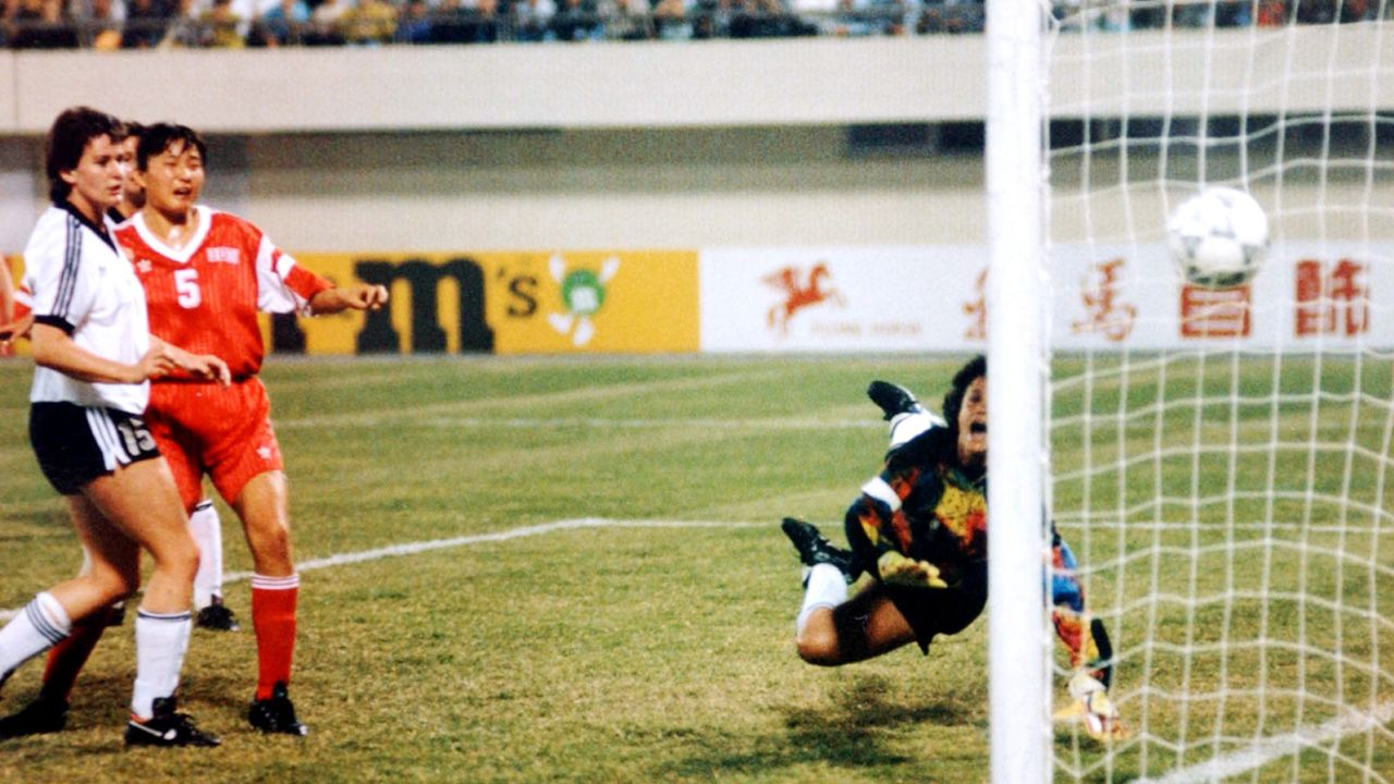 China scores against New Zealand during a group match at the 1991 Women's World Cup in Guangzhou.