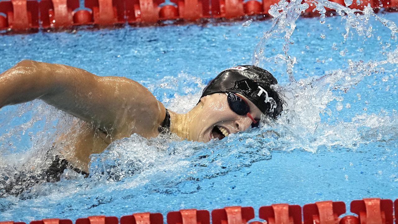 Katie Ledecky, of the United States, competes in the women's 800-meter freestroke final at the World Swimming Championships in Fukuoka, Japan, Saturday, July 29, 2023. Ledecky won the race. (AP Photo/David J. Phillip)