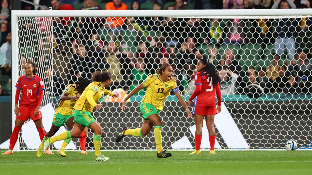 Soccer Football - FIFA Women's World Cup Australia and New Zealand 2023 - Group F - Panama v Jamaica - Perth Rectangular Stadium, Perth, Australia - July 29, 2023 Jamaica's Allyson Swaby celebrates scoring their first goal with teammates REUTERS/Luisa Gonzalez