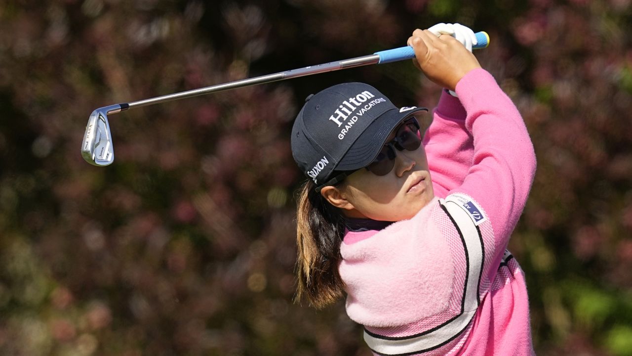 Nasa Hataoka, of Japan, hits from the 17th tee during the third round of the U.S. Women's Open golf tournament at the Pebble Beach Golf Links, Saturday, July 8, 2023, in Pebble Beach, Calif. (AP Photo/Darron Cummings)