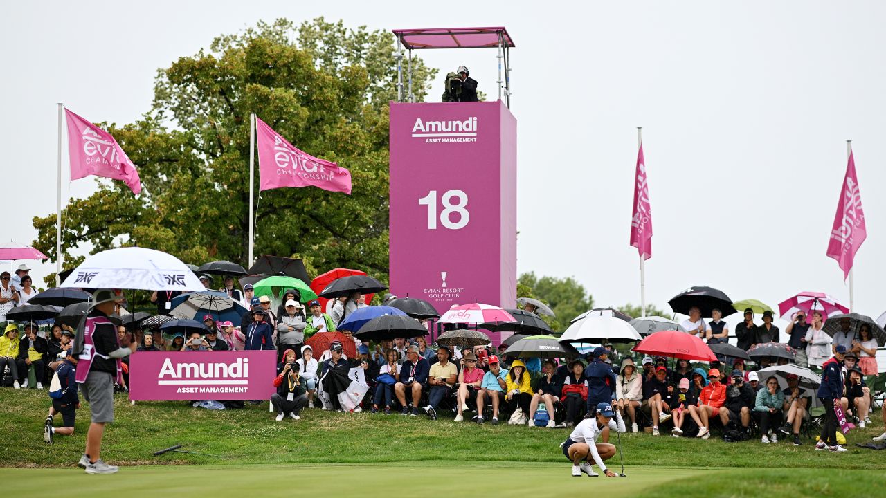 EVIAN-LES-BAINS, FRANCE - JULY 29: Celine Boutier of France lines up a putt on the 18th green during the Third Round of the Amundi Evian Championship at Evian Resort Golf Club on July 29, 2023 in Evian-les-Bains, France. (Photo by Stuart Franklin/Getty Images)