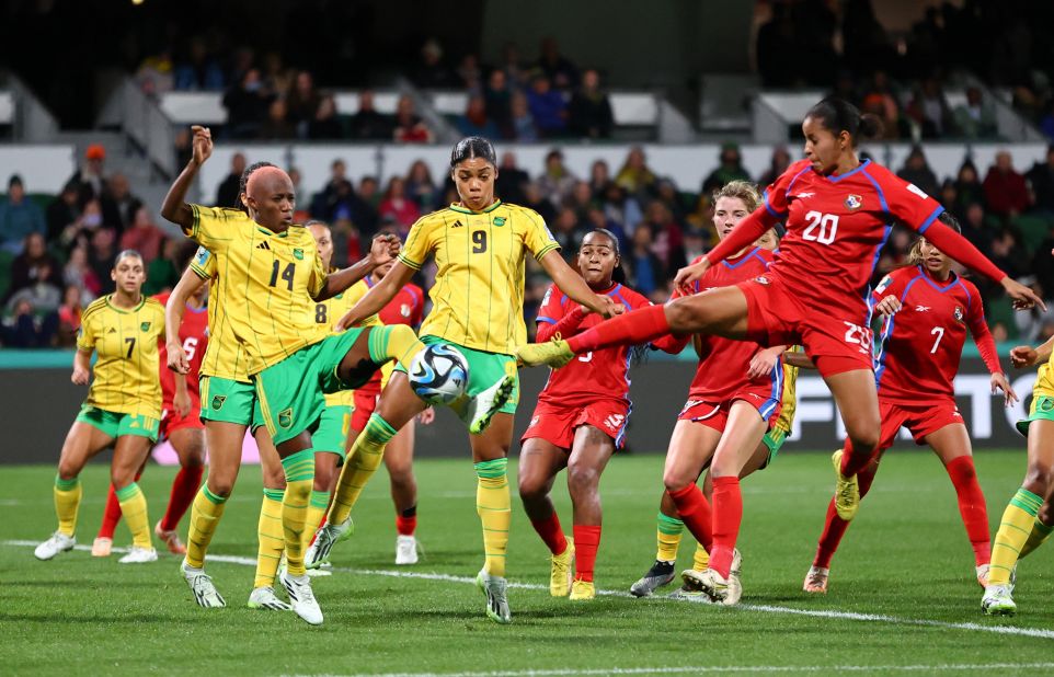 Panama's Aldrith Quintero, right, reaches for the ball in front of Jamaica's Deneisha Blackwood and Kameron Simmonds on Saturday, July 29. <a href="https://www.cnn.com/2023/07/29/football/jamaica-panama-womens-world-cup-2023-spt-intl/index.html" target="_blank">Jamaica won 1-0</a>. It was Jamaica's first-ever win at a Women's World Cup.