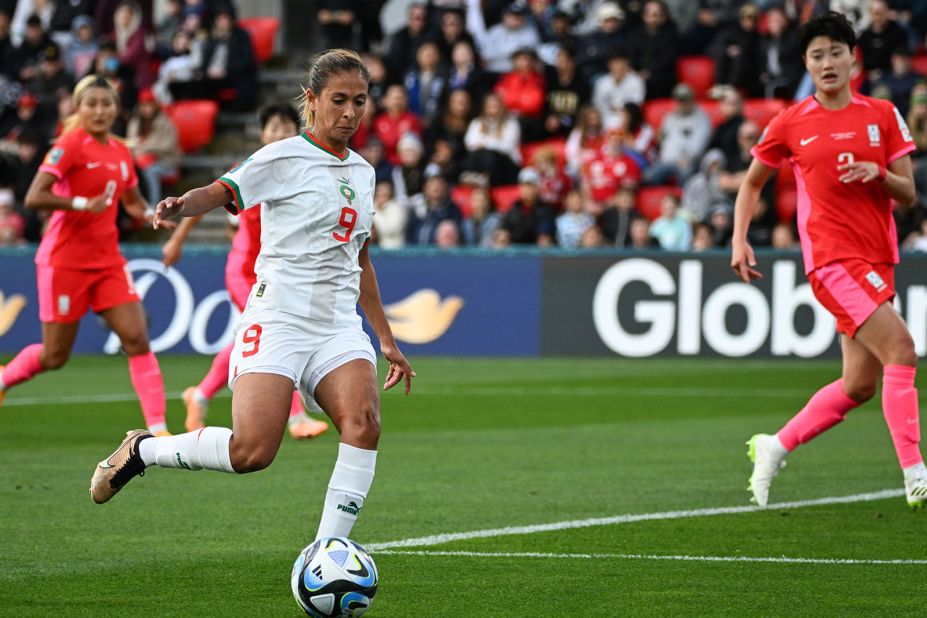 Morocco's Ibtissam Jraidi controls the ball before shooting on goal.