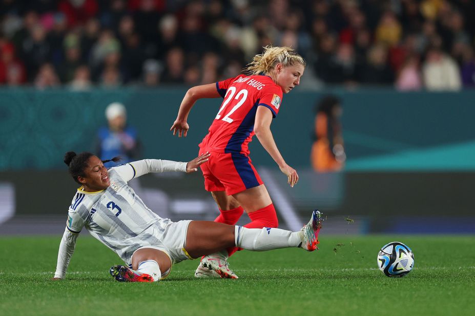 Norway's Sophie Roman Haug is challenged by Jessika Cowart.