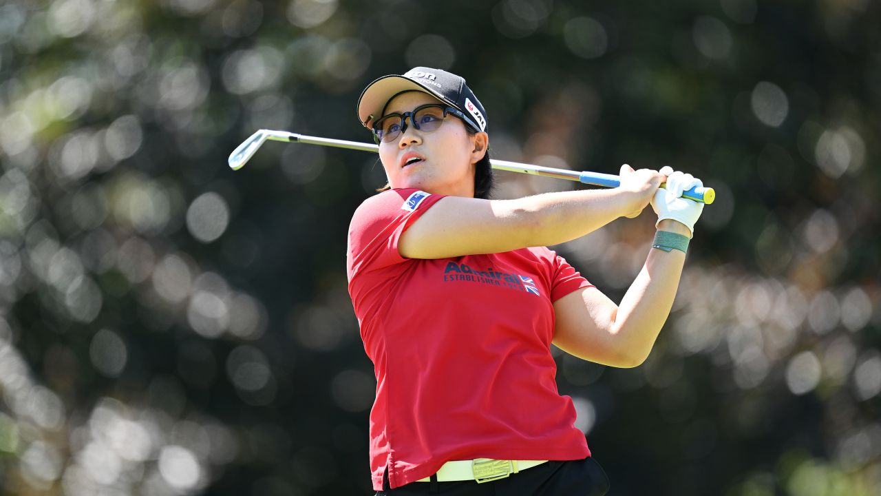 EVIAN-LES-BAINS, FRANCE - JULY 30: Nasa Hataoka of Japan tees off on the 8th hole during the Final Round of the Amundi Evian Championship at Evian Resort Golf Club on July 30, 2023 in Evian-les-Bains, France. (Photo by Stuart Franklin/Getty Images)