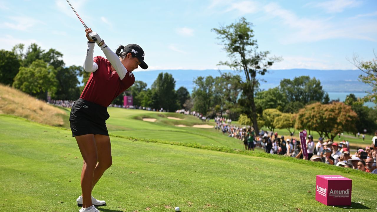 EVIAN-LES-BAINS, FRANCE - JULY 30: Celine Boutier of France tees off on the 14th hole during the Final Round of the Amundi Evian Championship at Evian Resort Golf Club on July 30, 2023 in Evian-les-Bains, France. (Photo by Stuart Franklin/Getty Images)