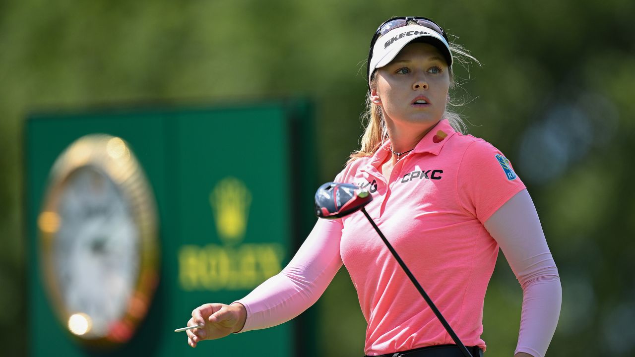 EVIAN-LES-BAINS, FRANCE - JULY 30: Brooke M. Henderson of Canada looks on after teeing off on the 13th hole during the Final Round of the Amundi Evian Championship at Evian Resort Golf Club on July 30, 2023 in Evian-les-Bains, France. (Photo by Stuart Franklin/Getty Images)