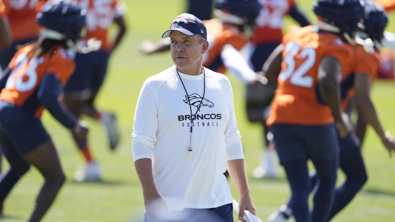 Denver Broncos head coach Sean Payton looks on during an NFL football training camp session at the team's headquarters Thursday, July 27, 2023, in Centennial, Colo. (AP Photo/David Zalubowski)