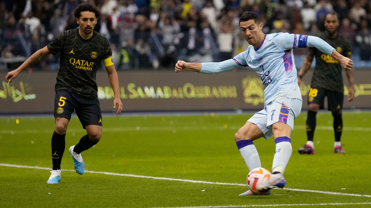 Cristiano Ronaldo scores his side's second goal playing for a combined XI of Saudi Arabian teams Al Nassr and PSG during a friendly soccer match, at the King Saud University Stadium, in Riyadh, Saudi Arabia, Thursday, Jan. 19, 2023. (AP Photo/Hussein Malla)