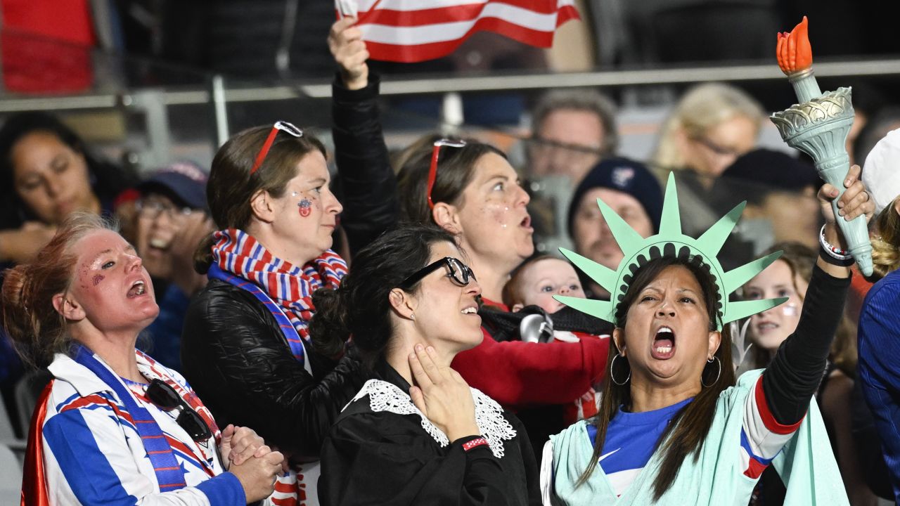 Fans of the US team get ready for the Women's World Cup group game against Portugal.