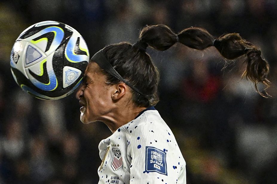 US forward Sophia Smith heads the ball during the <a href="https://www.cnn.com/2023/08/01/football/uswnt-portugal-womens-world-cup-spt-intl/index.html" target="_blank">goalless draw</a> against Portugal on August 1. The result meant that the Americans, the two-time defending champions, would advance to the round of 16.