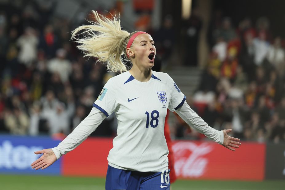 England's Chloe Kelly celebrates after scoring against China in the Women's World Cup on Tuesday, August 1. <a href="https://www.cnn.com/sport/live-news/uswnt-portugal-group-stage-womens-world-cup-08-01-23/h_986c8e469f4fb778cf1e325cdfb2fc90" target="_blank">England won 6-1</a> to advance to the tournament's round of 16.