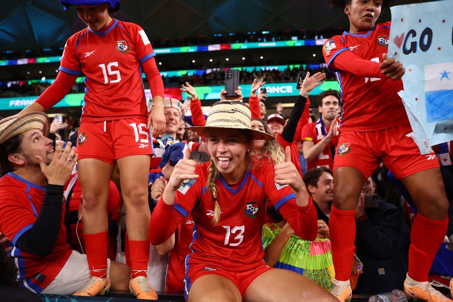 Panama players spend time with fans after the France match. This was Panama's first year playing at a Women's World Cup.