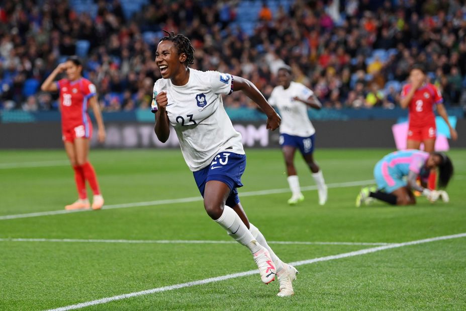 France's Vicki Becho celebrates after scoring her team's sixth goal against Panama on August 2. France won 6-3 to advance to the knockout stage.