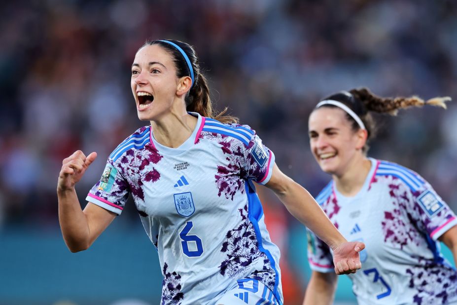 Aitana Bonmati of Spain celebrates after scoring her team's first goal during the match against Switzerland at Eden Park in Auckland, New Zealand, on August 5, 2023. Spain won 5-1.