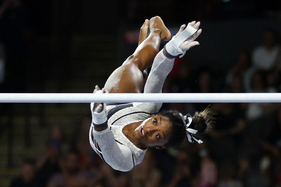 Biles competes in the uneven bars at the <a href="https://www.cnn.com/2023/08/05/sport/simone-biles-gymnastics-return-spt-intl/index.html" target="_blank">Core Hydration Classic</a> on August 5, 2023. It was her first competitive event since 2021.