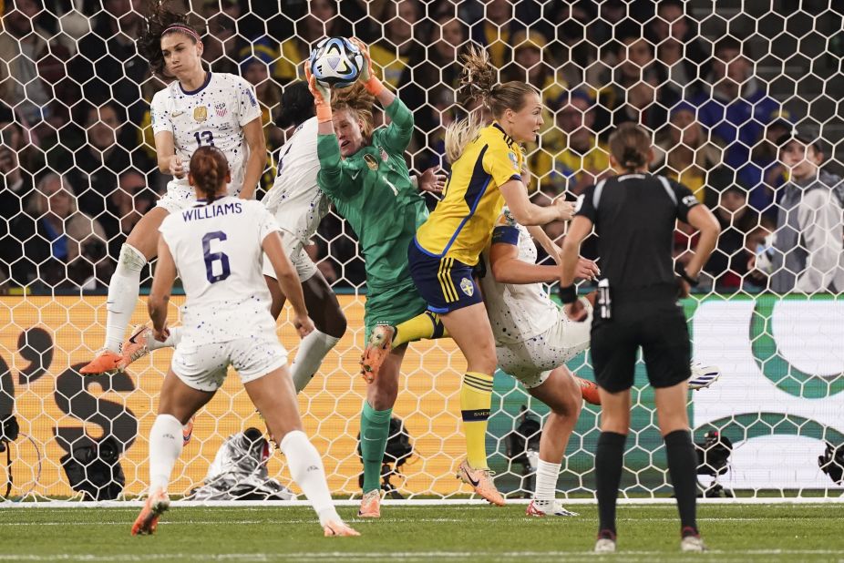 US goalkeeper Alyssa Naeher grabs the ball in front of her goal.