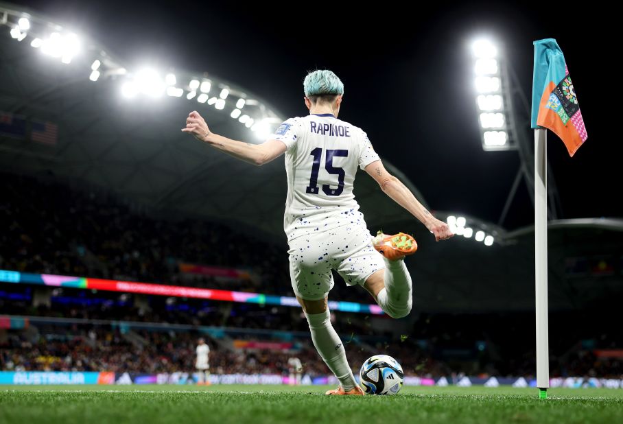 Megan Rapinoe of USA takes a corner kick.