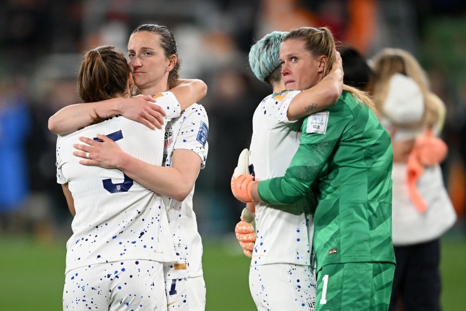 US players comfort one another after <a href="https://www.cnn.com/2023/08/05/football/usa-sweden-womens-world-cup-2023-spt-intl/index.html" target="_blank">being eliminated by Sweden in a penalty shootout</a> on Sunday, August 6. The United States won the last two tournaments.