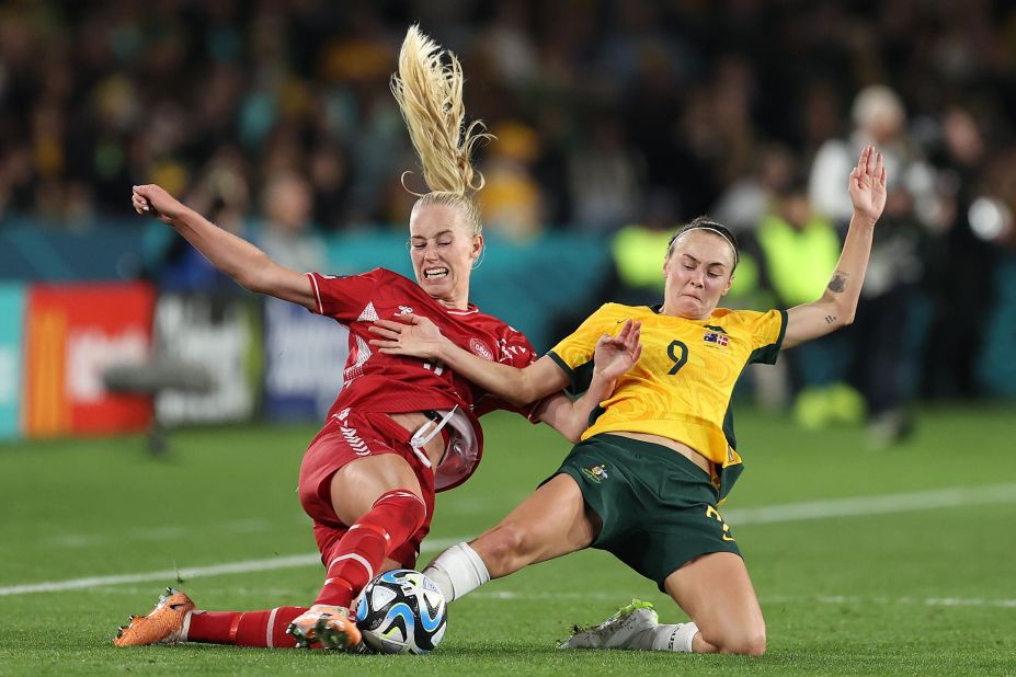 Denmark's Amalie Vangsgaard, left, and Australia's Caitlin Foord compete for the ball during a round-of-16 match on Monday, August 7. <a href="https://edition.cnn.com/sport/live-news/england-nigeria-australia-denmark-womens-world-cup-knockout/h_96eb0aafc77d71f7b18c062bbe444f8a" target="_blank">Australia won 2-0</a> to advance to the quarterfinals.