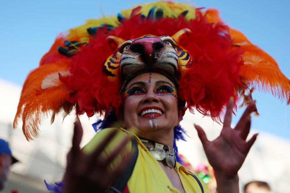 A Colombia fan soaks up the atmosphere before the match in Melbourne.