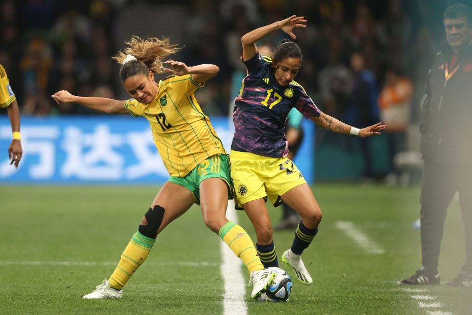 Jamaica's Kalyssa Van Zanten, left, and Colombia's Carolina Arias vie for the ball during the Women's World Cup round-of-16 match against Colombia on August 8.