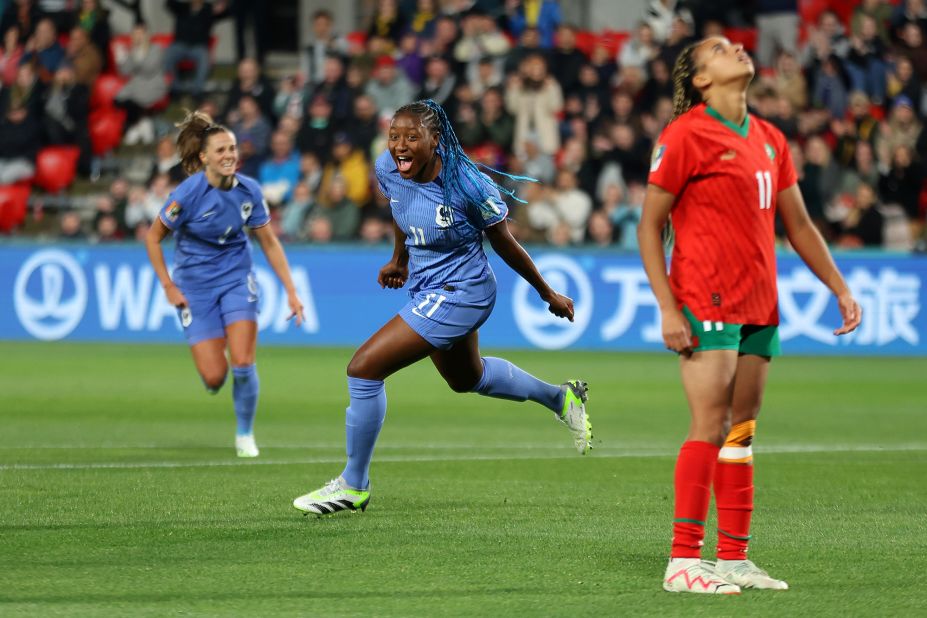 France's Kadidiatou Diani celebrates after scoring her team's first goal in the round-of-16 match against Morocco.