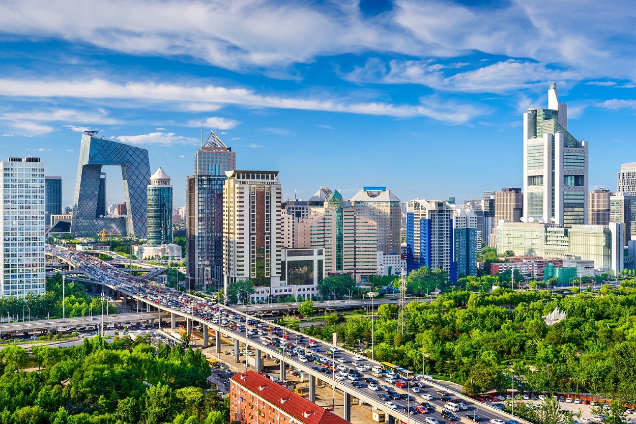 A road leading into a commercial district of Beijing, China.