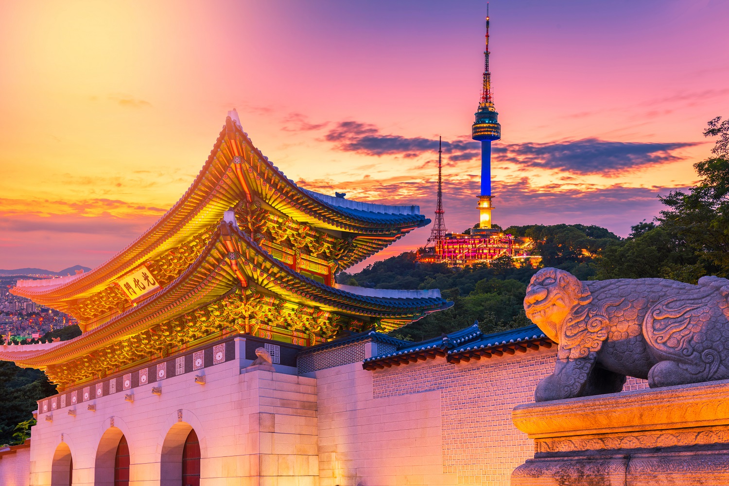 Gyeongbokgung and the N Seoul Tower in Seoul, South Korea