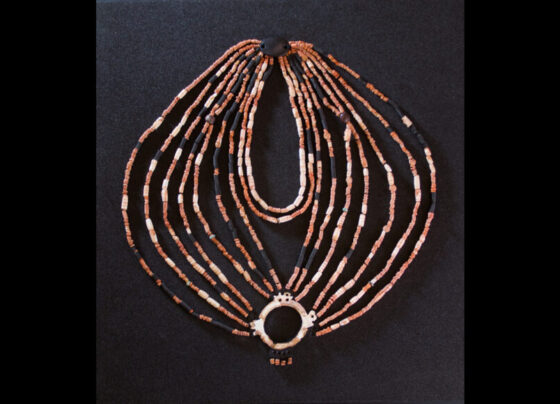 An ornate neckleace made of multiple symmetrical strings of beads, with a pendant and mother-of-pearl-ring at opposite ends