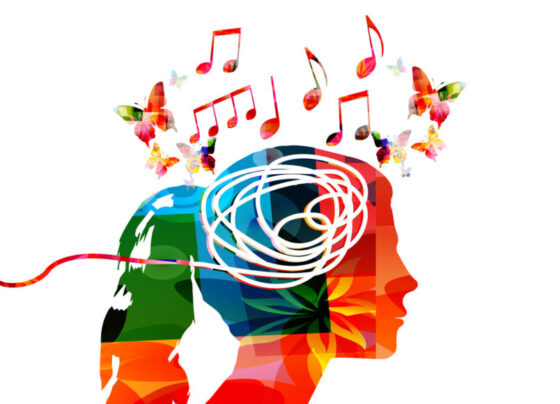 An illustration of a woman's profile with music notes and butterflies flying above her head and a squiggly line wrapping around and out the back of her head.