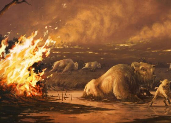 An illustration of an adult ancient bison and calf attempting to escape a fire while other bison are seen running in the background.