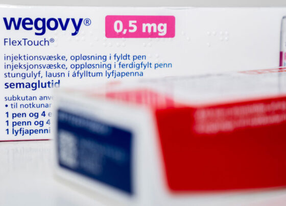 A retail package of the semaglutide weight-loss drug Wegovy sits on a table