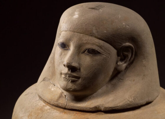 A jar with a top that shows the facial likeness of an Egyptian woman holds the viscera of a woman named Senetnay.