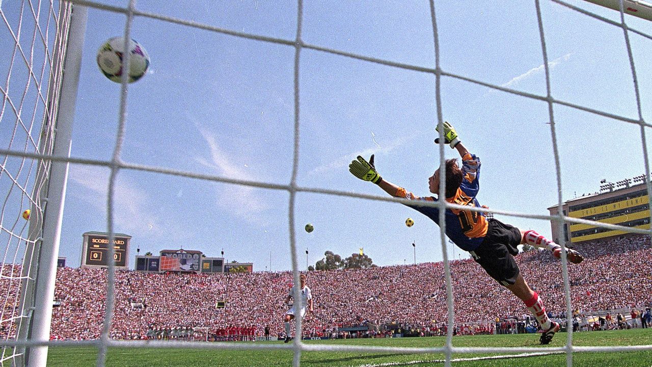 FILE - In this July 10, 1999, file photo, China goalkeeper Hong Gao misses the final and winning United States overtime penalty shootout goal shot by Brandi Chastain in the FIFA Women's World Cup final at the Rose Bowl in Pasadena, Calif. The last time the United States played China was at the World Cup final in 1999. The two countries play on Friday in the quarterfinals of the FIFA Women's World Cup in Canada.  (AP Photo/Mark J. Terrill, File)