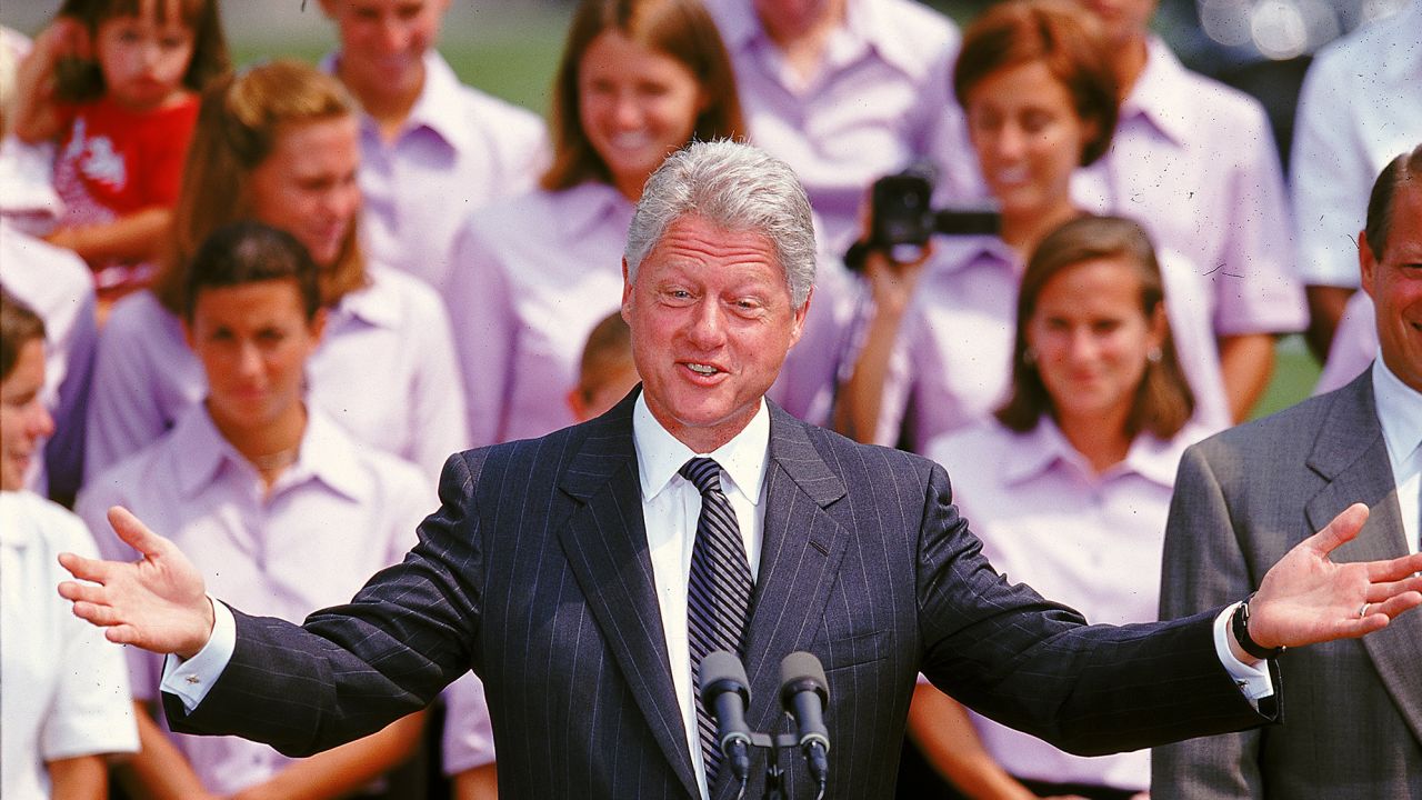 17 Jul 1999: President Clinton congratulates the USA Womens Team at the White House in Washington, D.C. after winning the FIFA Women's World Cup game against Team China in the penalty kick shootout 5-4.