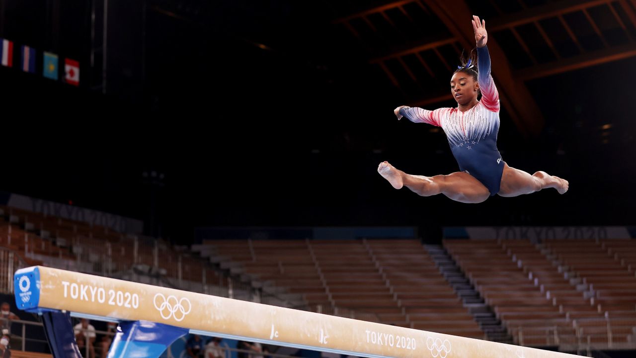 TOKYO, JAPAN - AUGUST 03: Simone Biles of Team United States competes in the Women's Balance Beam Final on day eleven of the Tokyo 2020 Olympic Games at Ariake Gymnastics Centre on August 03, 2021 in Tokyo, Japan. (Photo by Jamie Squire/Getty Images)